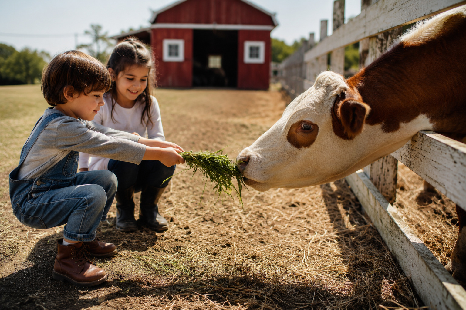 Children feeding a cow at the farm